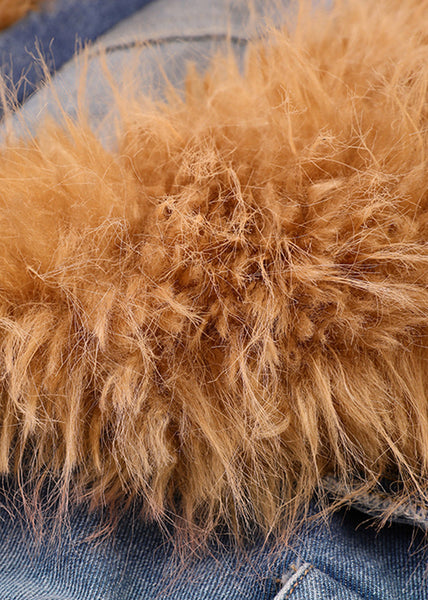 French Blue Fur Collar Tie Waist Denim Long Coats Winter WY017 OM-OL241106