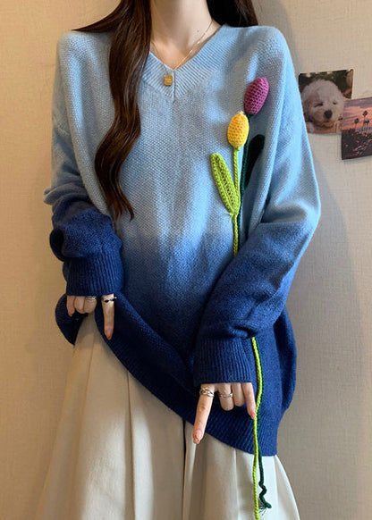 French Blue Gradient V Neck Floral Decorated Knitted Sweaters Winter RG037 ABC