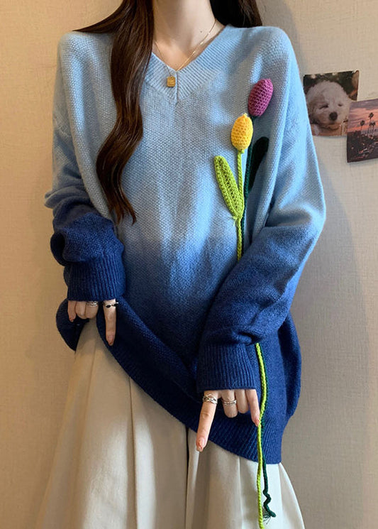 French Blue Gradient V Neck Floral Decorated Knitted Sweaters Winter RG037 ABC