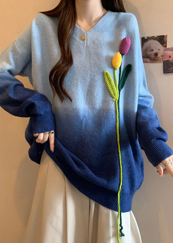 French Blue Gradient V Neck Floral Decorated Knitted Sweaters Winter RG037 ABC