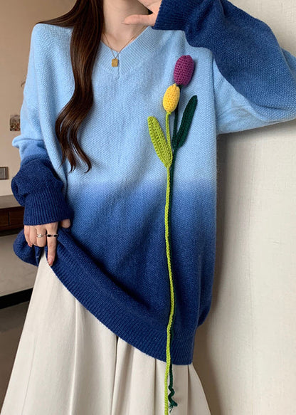 French Blue Gradient V Neck Floral Decorated Knitted Sweaters Winter RG037 ABC