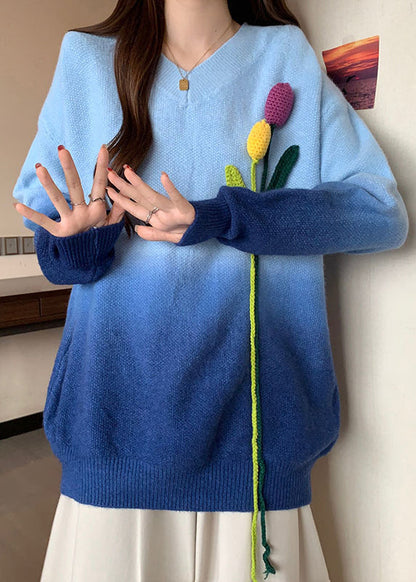 French Blue Gradient V Neck Floral Decorated Knitted Sweaters Winter RG037 ABC