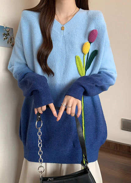 French Blue Gradient V Neck Floral Decorated Knitted Sweaters Winter RG037 ABC