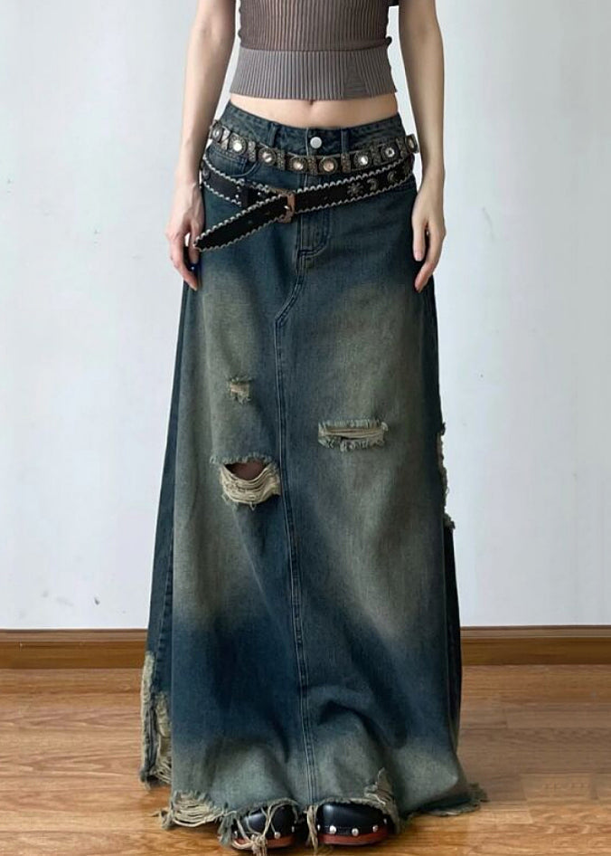 French Blue Hole High Waist Denim Maxi Skirts Summer AW1014 OM-NZ240827