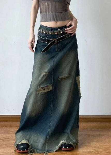 French Blue Hole High Waist Denim Maxi Skirts Summer AW1014 OM-NZ240827