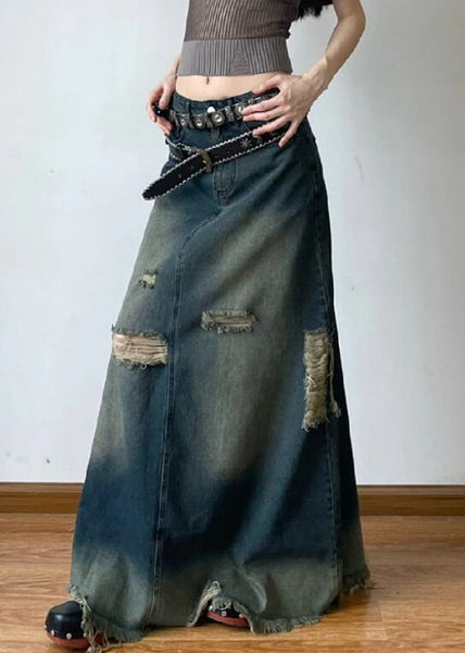 French Blue Hole High Waist Denim Maxi Skirts Summer AW1014 OM-NZ240827