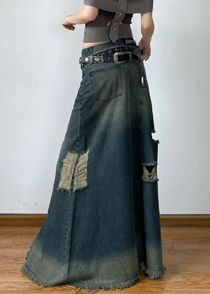 French Blue Hole High Waist Denim Maxi Skirts Summer AW1014 OM-NZ240827