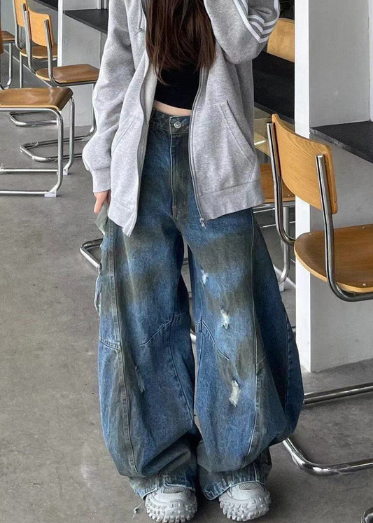 French Blue Hole High Waist Denim Pants Fall AW1016 OM-NZ240827