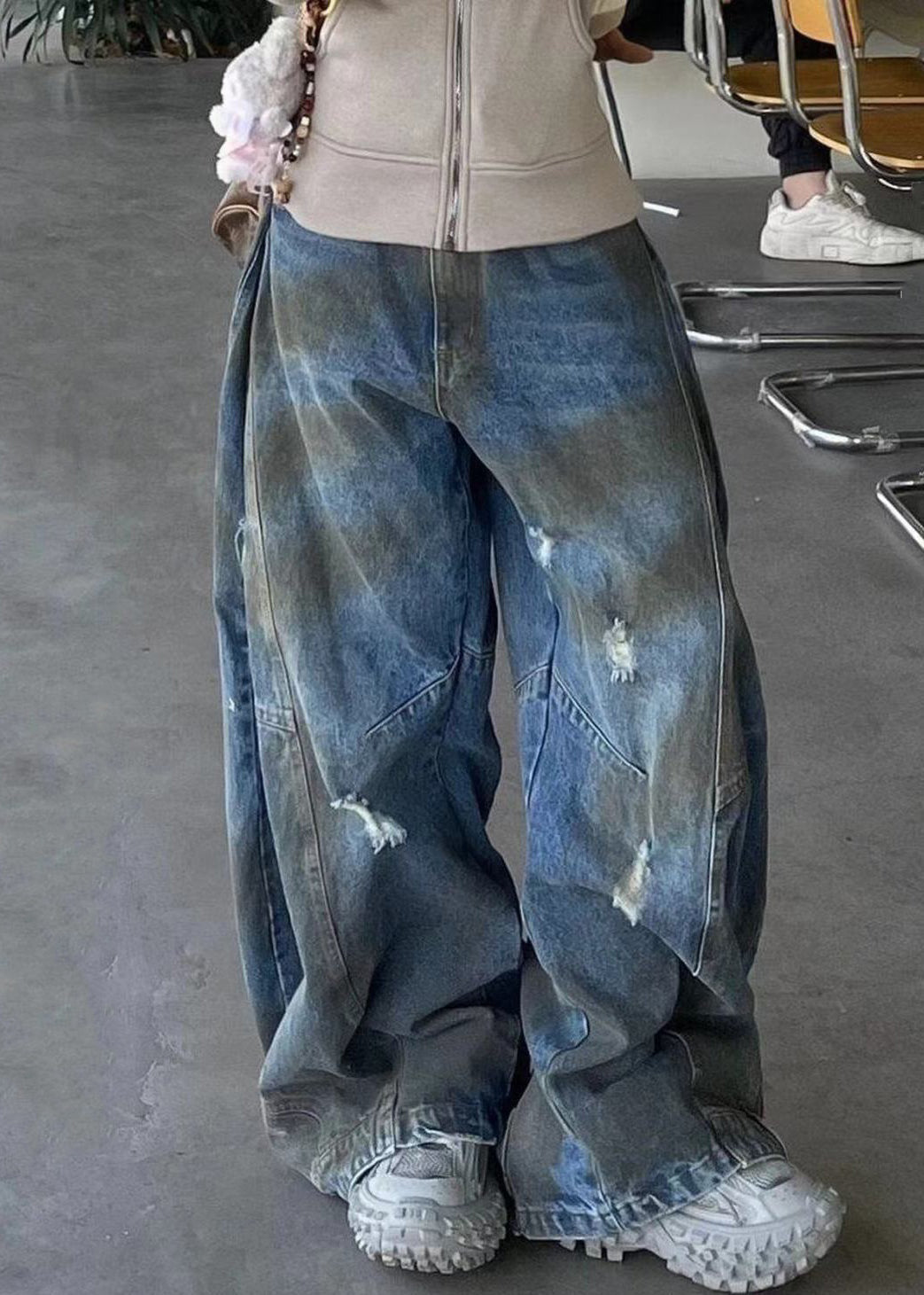 French Blue Hole High Waist Denim Pants Fall AW1016 OM-NZ240827