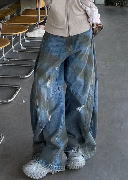 French Blue Hole High Waist Denim Pants Fall AW1016 OM-NZ240827