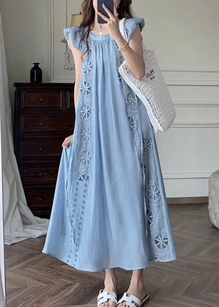 French Blue Hollow Out Embroidered Cotton Dresses Petal Sleeve EE1028 SH-LF-SDL240517