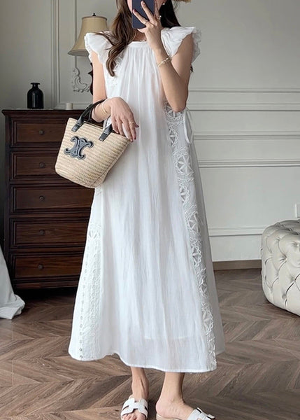 French Blue Hollow Out Embroidered Cotton Dresses Petal Sleeve EE1028 SH-LF-SDL240517