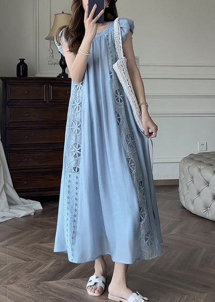 French Blue Hollow Out Embroidered Cotton Dresses Petal Sleeve EE1028 SH-LF-SDL240517