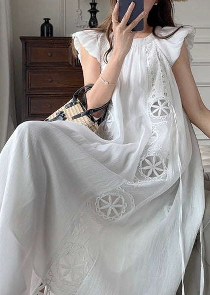 French Blue Hollow Out Embroidered Cotton Dresses Petal Sleeve EE1028 SH-LF-SDL240517