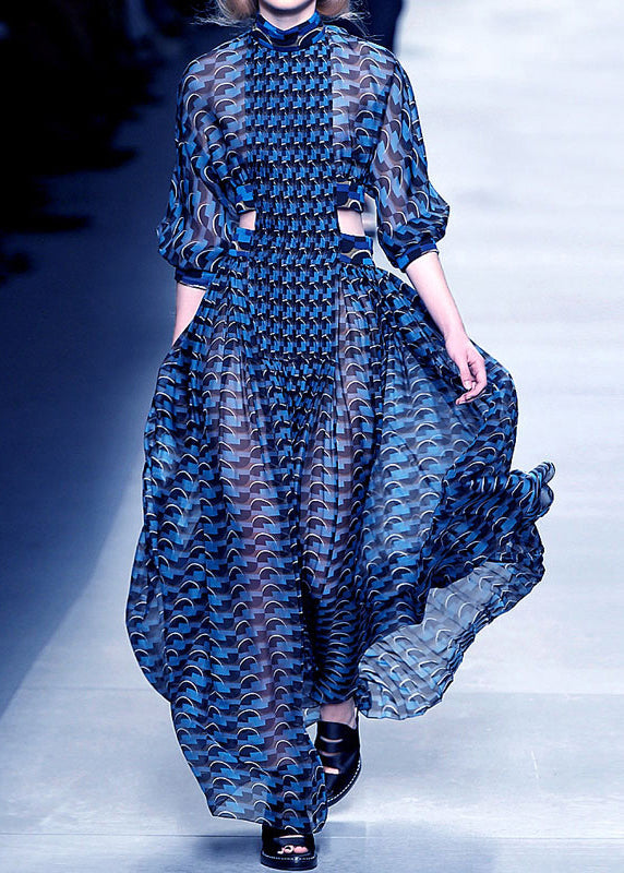 French Blue Hollow Out Print Chiffon Long Dresses Long Sleeve WW1060 Ada Fashion