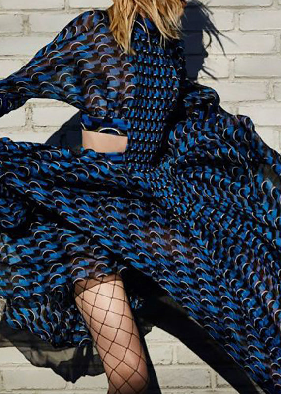 French Blue Hollow Out Print Chiffon Long Dresses Long Sleeve WW1060 Ada Fashion