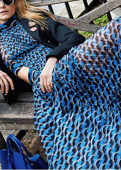 French Blue Hollow Out Print Chiffon Long Dresses Long Sleeve WW1060 Ada Fashion