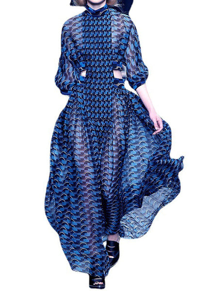 French Blue Hollow Out Print Chiffon Long Dresses Long Sleeve WW1060 Ada Fashion