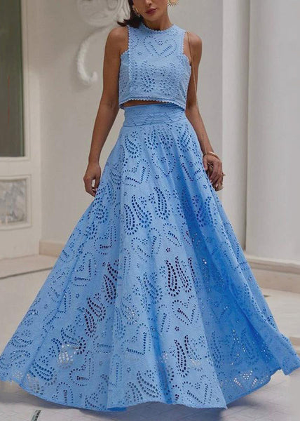 Skirts And Piece Cotton Blue Tops French Set Two Hollow Out FashionChic