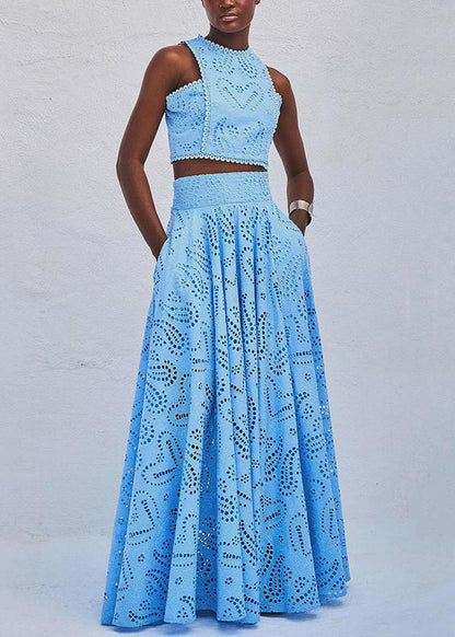 Skirts And Piece Cotton Blue Tops French Set Two Hollow Out FashionChic