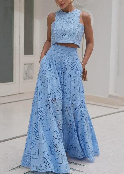 Skirts And Piece Cotton Blue Tops French Set Two Hollow Out FashionChic