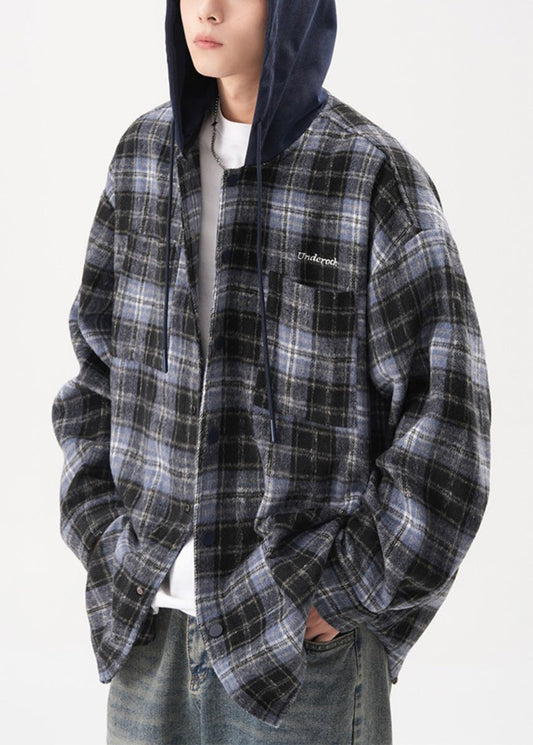 Cotton Mens Button Hooded Blue French Coats Plaid Spring FashionChic