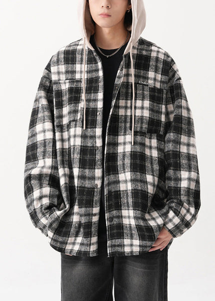 Cotton Mens Button Hooded Blue French Coats Plaid Spring FashionChic