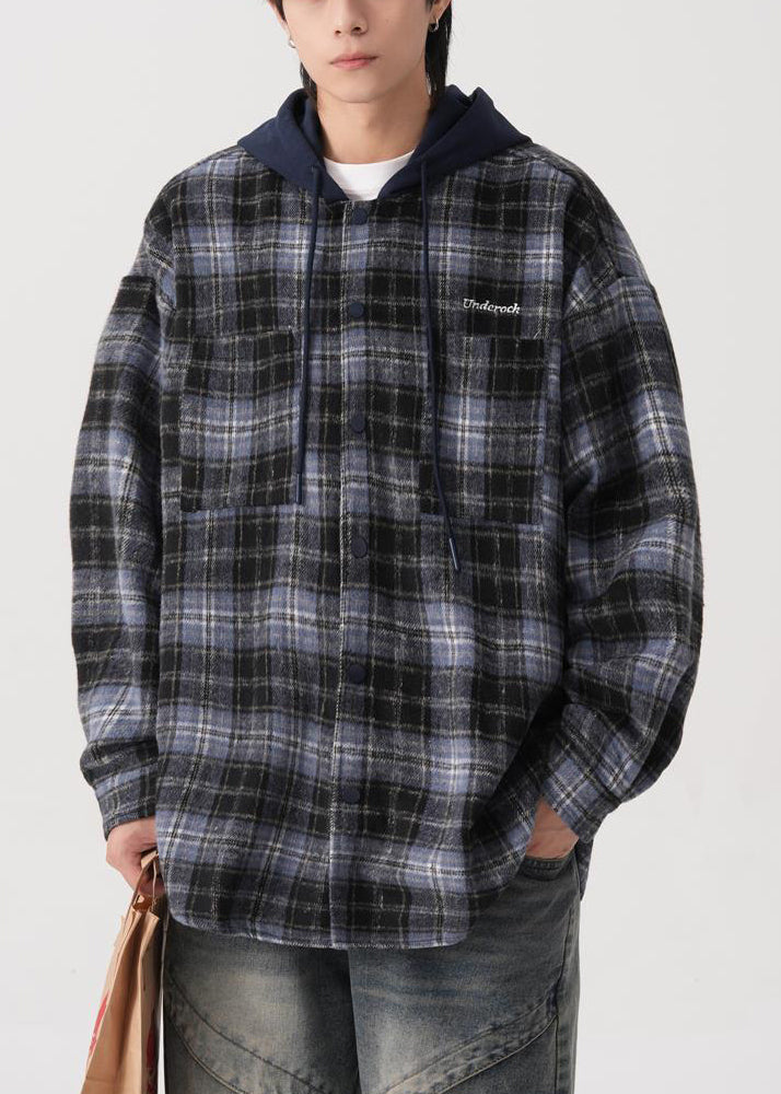Cotton Mens Button Hooded Blue French Coats Plaid Spring FashionChic
