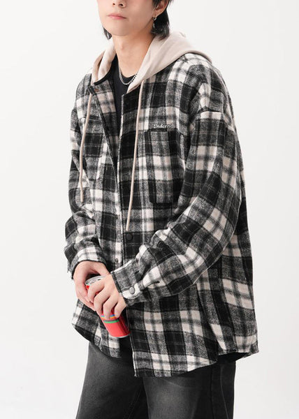 Cotton Mens Button Hooded Blue French Coats Plaid Spring FashionChic