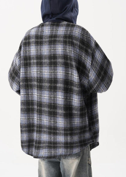 Cotton Mens Button Hooded Blue French Coats Plaid Spring FashionChic