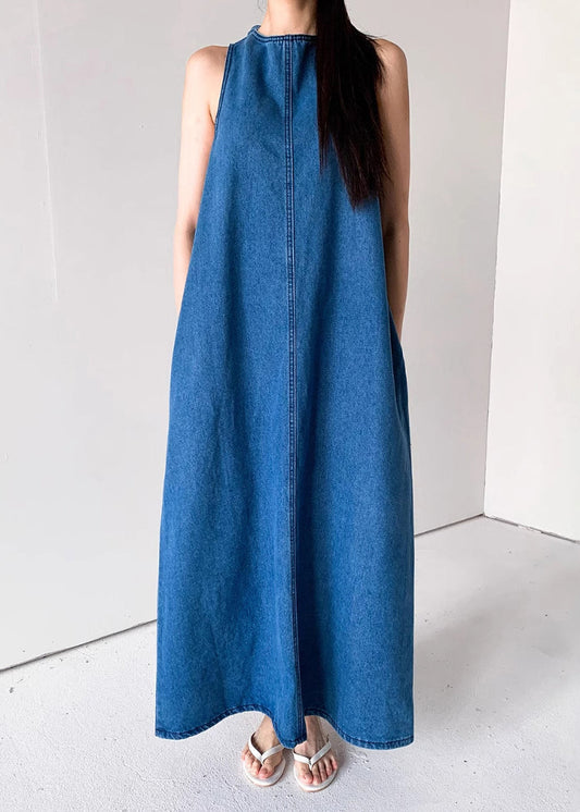 Blue Pockets French Dresses Up Lace Denim Sleeveless Long FashionChic