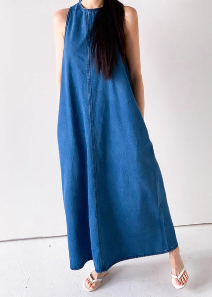Blue Pockets French Dresses Up Lace Denim Sleeveless Long FashionChic