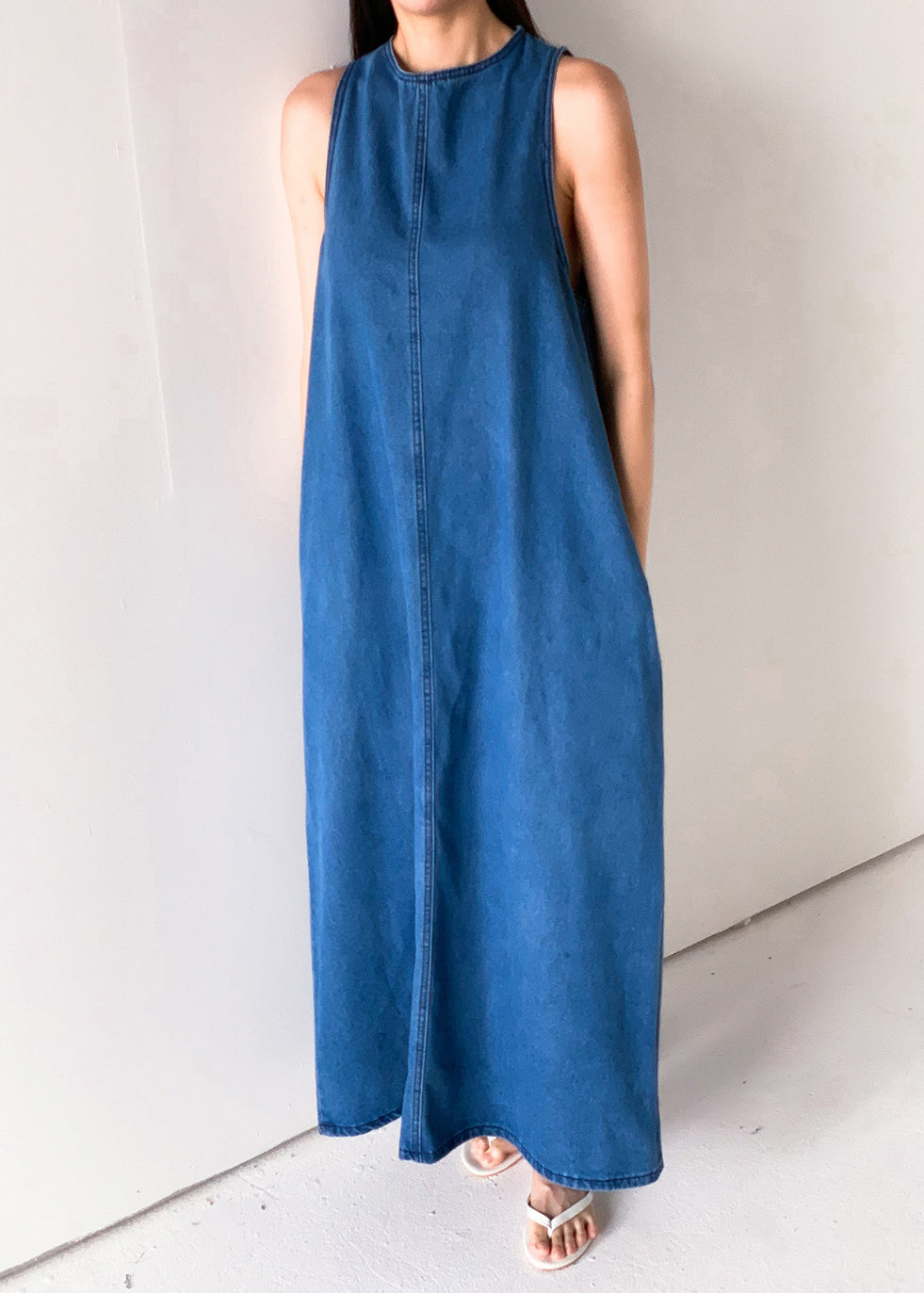 Blue Pockets French Dresses Up Lace Denim Sleeveless Long FashionChic