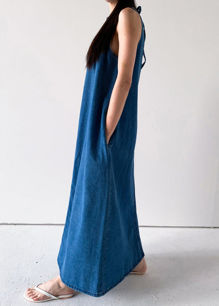 Blue Pockets French Dresses Up Lace Denim Sleeveless Long FashionChic