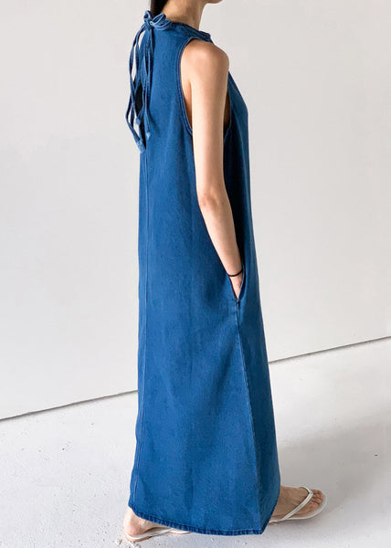 Blue Pockets French Dresses Up Lace Denim Sleeveless Long FashionChic