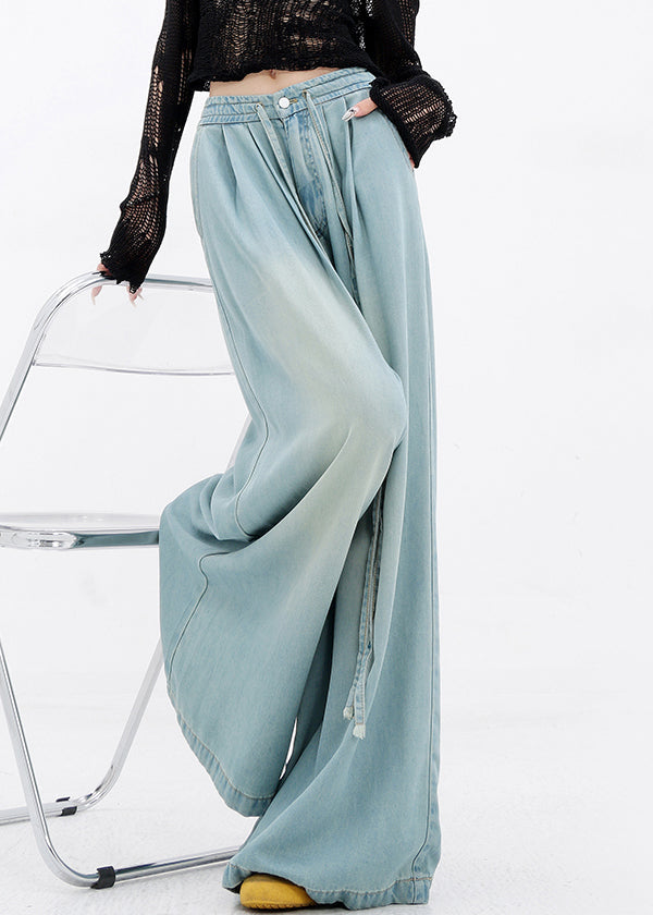 Pants Wide Denim Pockets Lace Up Spring Blue Leg French FashionChic