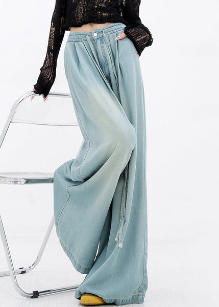 Pants Wide Denim Pockets Lace Up Spring Blue Leg French FashionChic