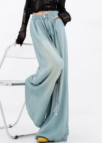 Pants Wide Denim Pockets Lace Up Spring Blue Leg French FashionChic