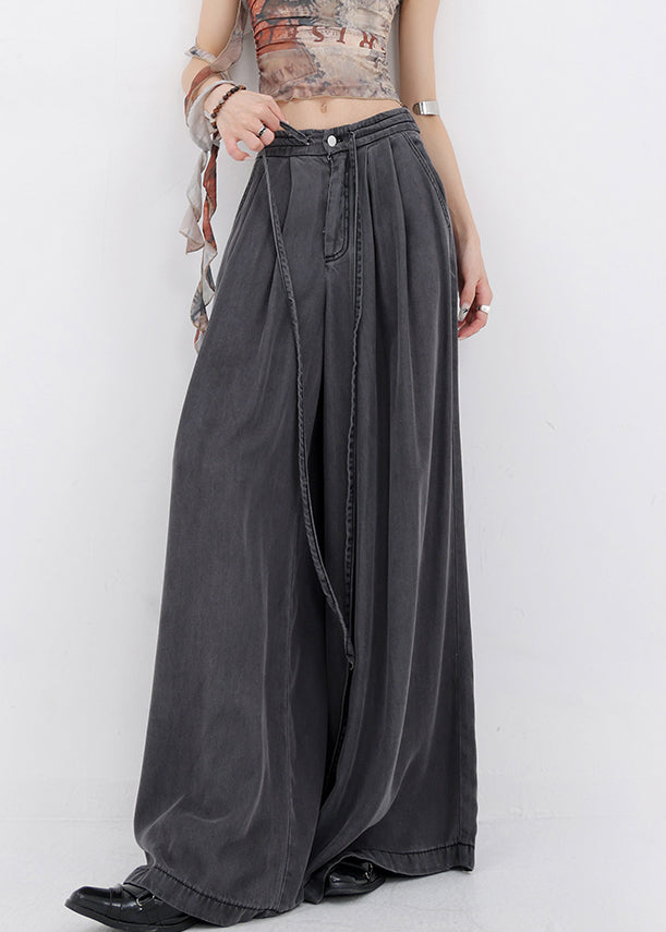 Pants Wide Denim Pockets Lace Up Spring Blue Leg French FashionChic