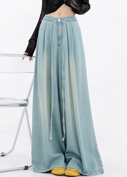 Pants Wide Denim Pockets Lace Up Spring Blue Leg French FashionChic