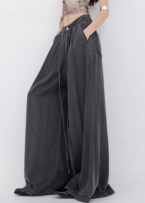 Pants Wide Denim Pockets Lace Up Spring Blue Leg French FashionChic