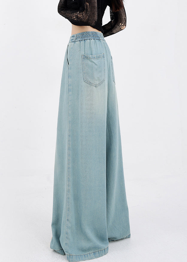 Pants Wide Denim Pockets Lace Up Spring Blue Leg French FashionChic