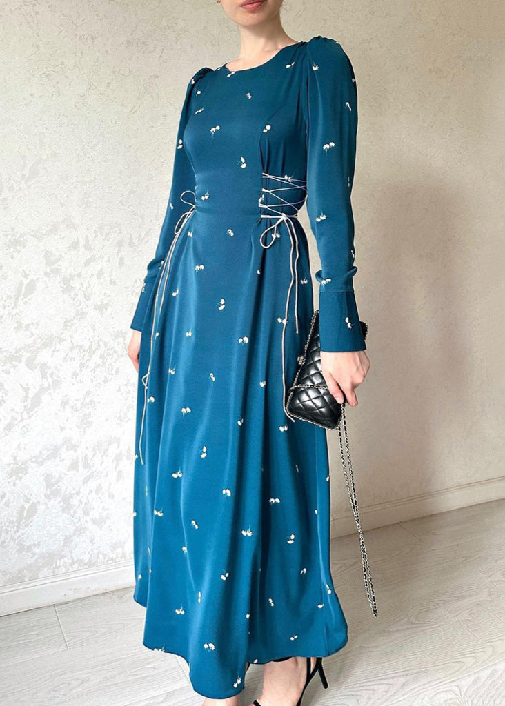 French Blue Lace Up Print Cotton Long Dresses Fall WO047 OM-ZS241108