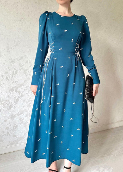 French Blue Lace Up Print Cotton Long Dresses Fall WO047 OM-ZS241108