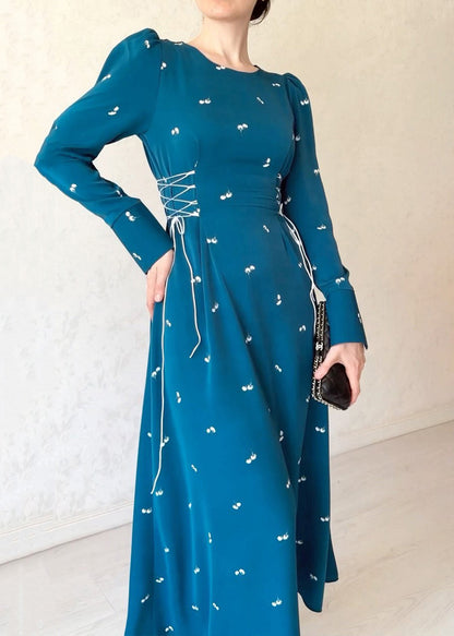 French Blue Lace Up Print Cotton Long Dresses Fall WO047 OM-ZS241108