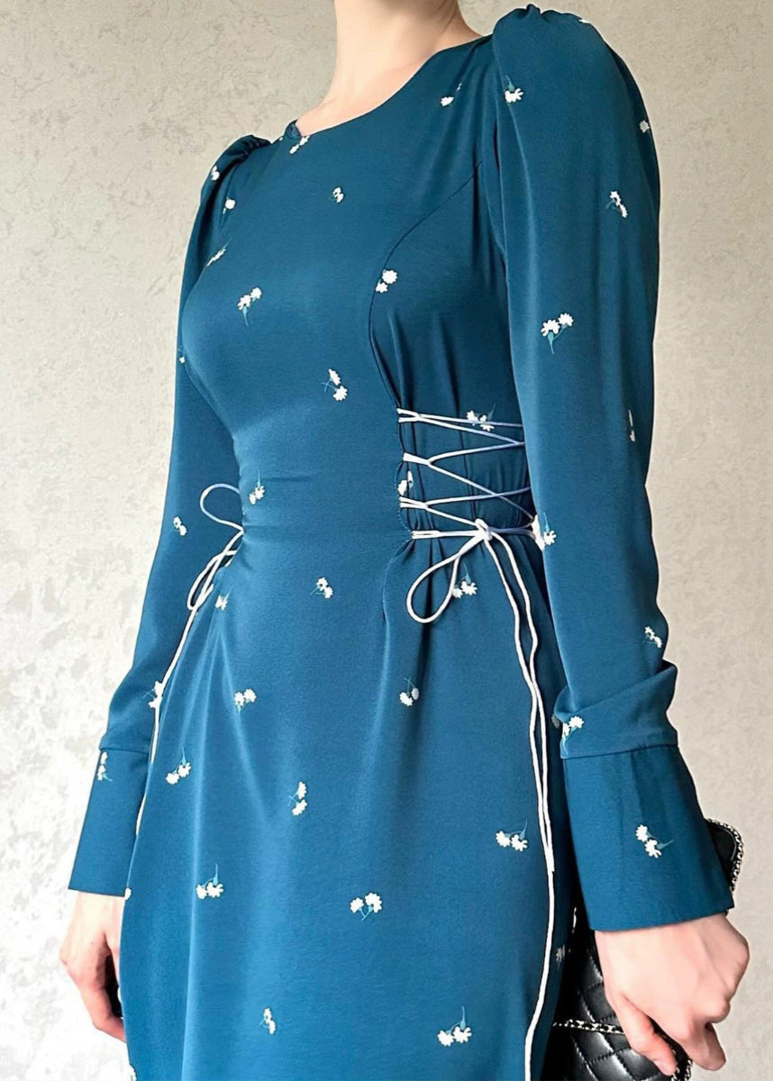 French Blue Lace Up Print Cotton Long Dresses Fall WO047 OM-ZS241108