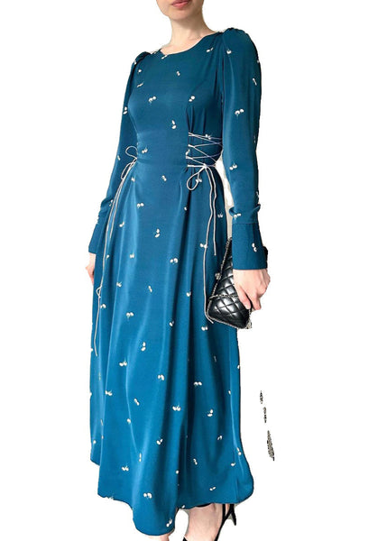 French Blue Lace Up Print Cotton Long Dresses Fall WO047 OM-ZS241108