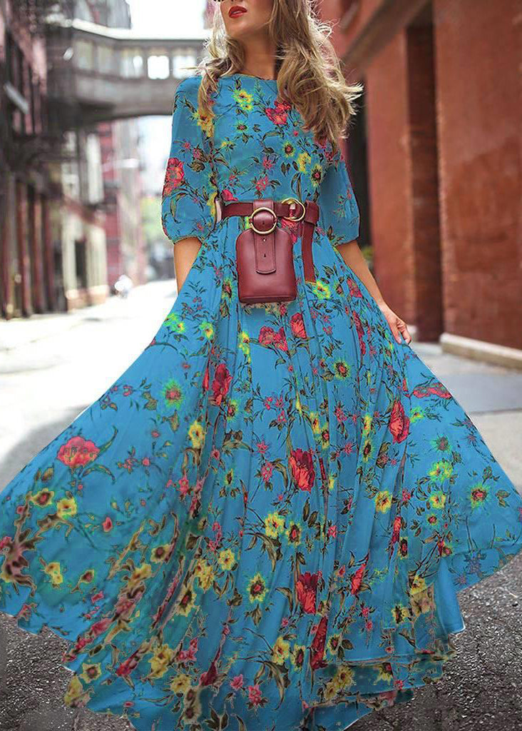 French Blue O-Neck Print Chiffon Long Dresses Half Sleeve WW1045 Ada Fashion