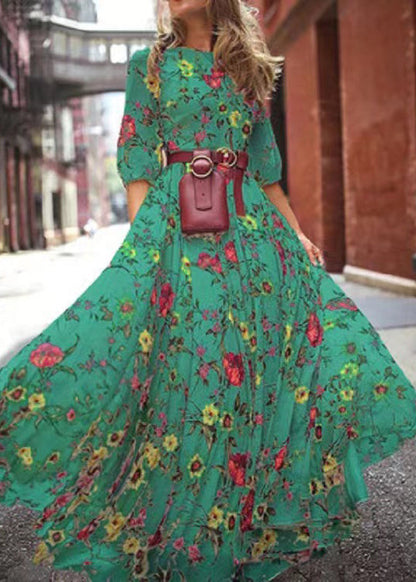 French Blue O-Neck Print Chiffon Long Dresses Half Sleeve WW1045 Ada Fashion