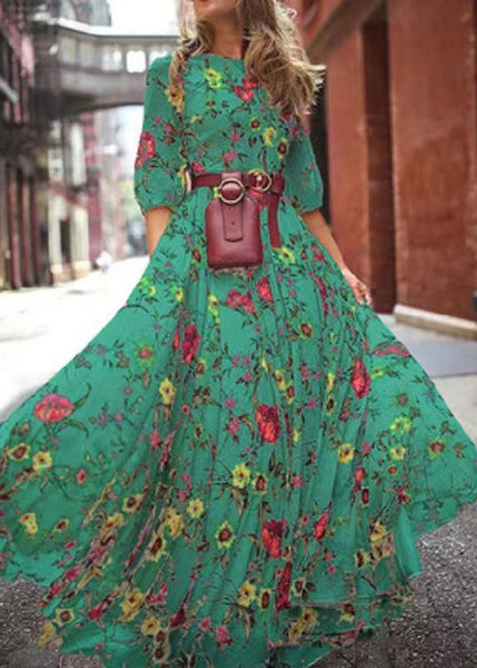 French Blue O-Neck Print Chiffon Long Dresses Half Sleeve WW1045 Ada Fashion